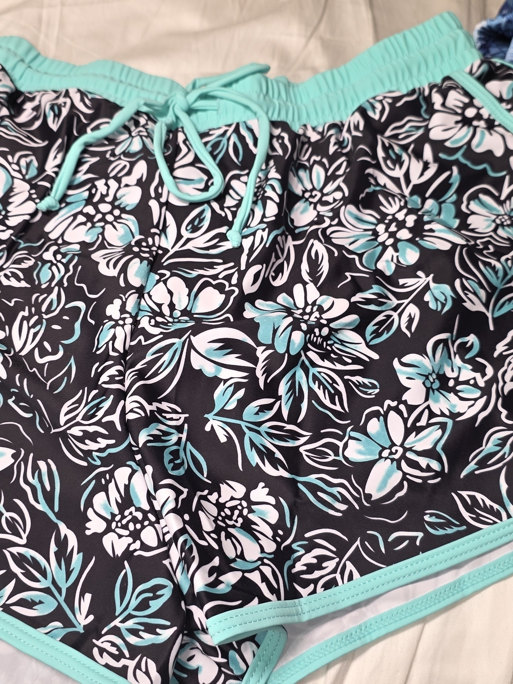 Women’s Black Floral Athletic Swim Shorts with Teal Trim Summer Mae XL
